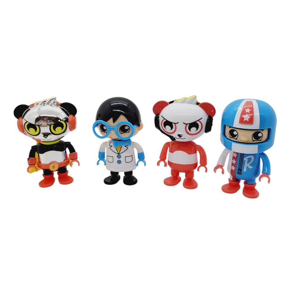 Bonkers Toy Ryans World Lot of 4 Figurines 3.5" Robot Panda Chrome Panda & Ryan